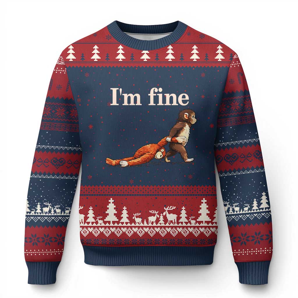 I’m Fine Funny Monkey Meme Ugly Christmas Sweater Viral Punch Baby Monkey Relatable Cute Gift TS02 Navy Red Print Your Wear