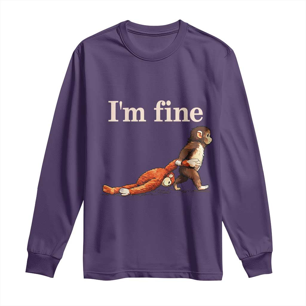 I’m Fine Funny Monkey Meme Long Sleeve Shirt Viral Punch Baby Monkey Relatable Cute Gift TS02 Purple Print Your Wear