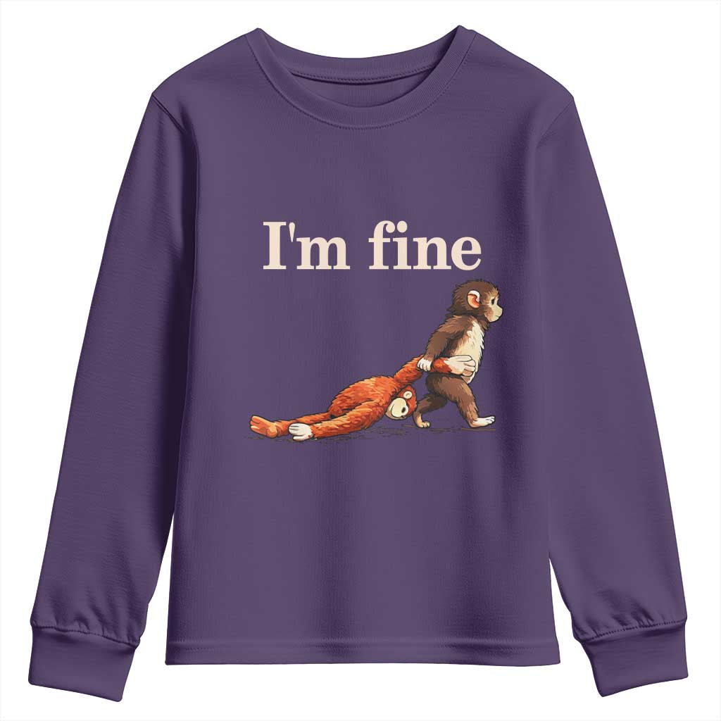 I’m Fine Funny Monkey Meme Youth Sweatshirt Viral Punch Baby Monkey Relatable Cute Gift TS02 Purple Print Your Wear