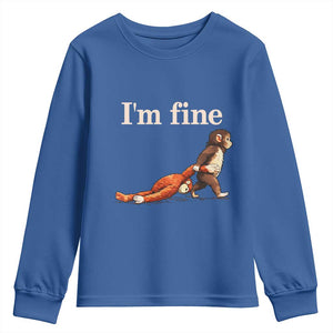 I’m Fine Funny Monkey Meme Youth Sweatshirt Viral Punch Baby Monkey Relatable Cute Gift TS02 Royal Blue Print Your Wear