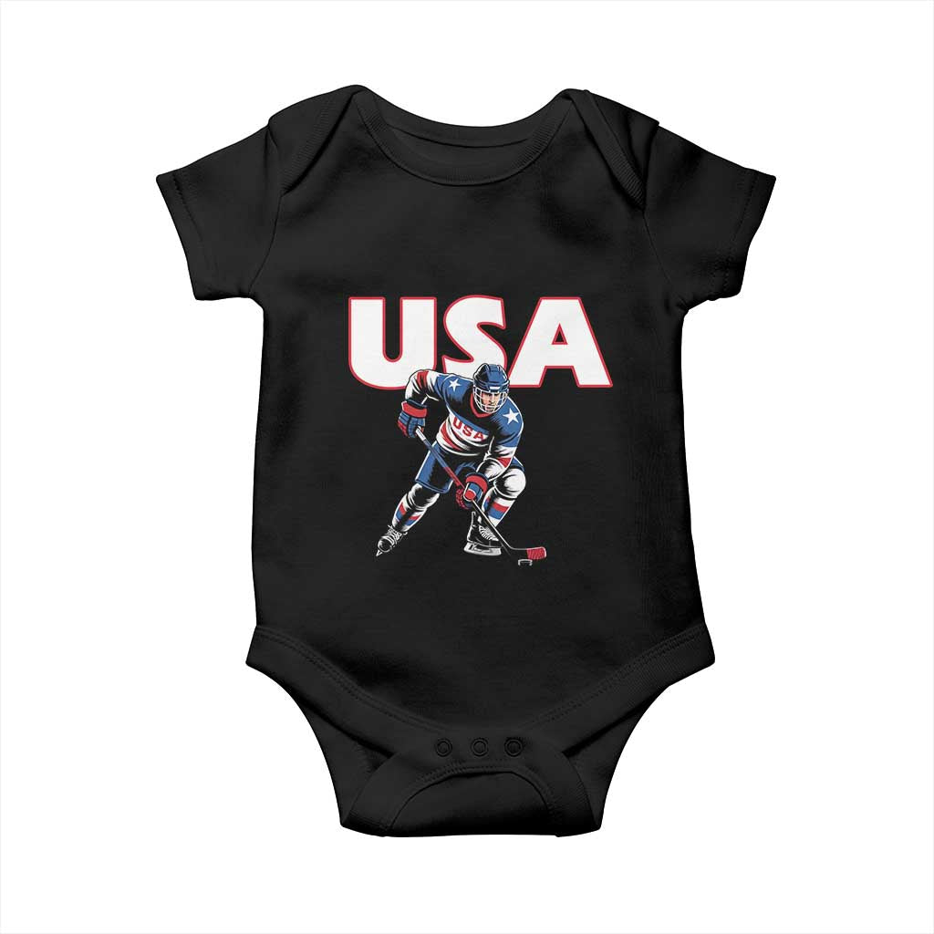 USA Ice Hockey Player Patriotic Graphic Baby Onesie Red White and Blue American Sports Fan TS02 Black Print Your Wear
