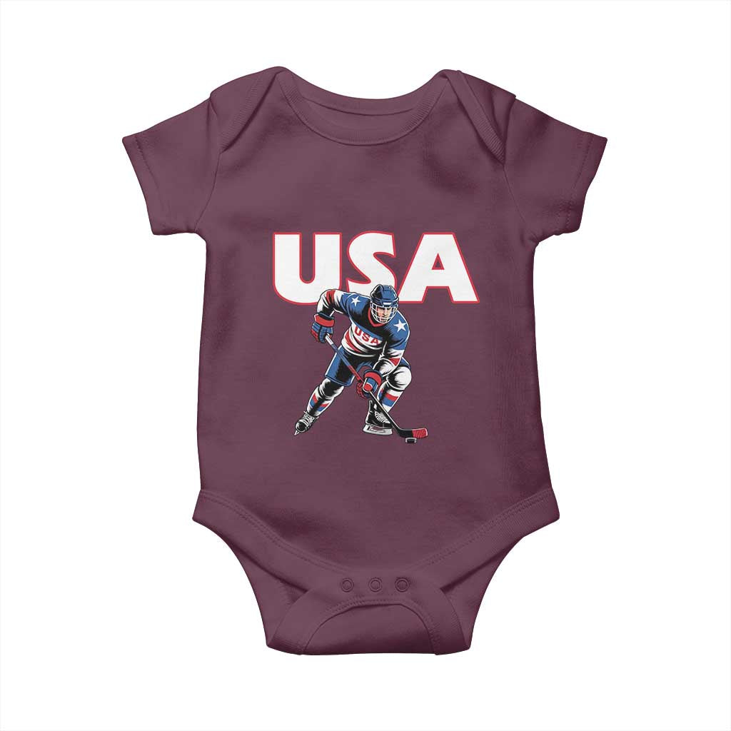 USA Ice Hockey Player Patriotic Graphic Baby Onesie Red White and Blue American Sports Fan TS02 Maroon Print Your Wear