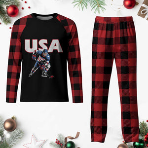 USA Ice Hockey Player Patriotic Graphic Plaid Pajama Set Red White and Blue American Sports Fan TS02 Buffalo Plaid Print Your Wear