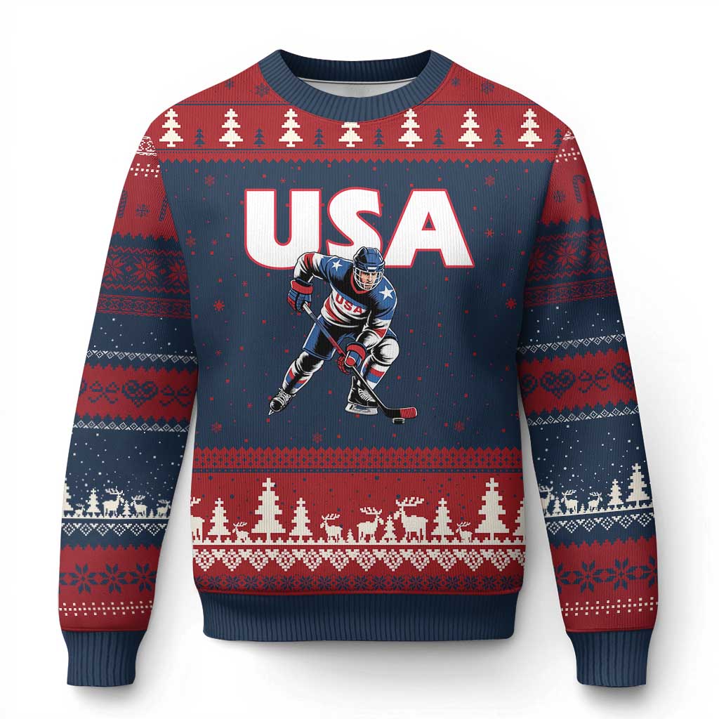 USA Ice Hockey Player Patriotic Graphic Ugly Christmas Sweater Red White and Blue American Sports Fan