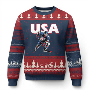 USA Ice Hockey Player Patriotic Graphic Ugly Christmas Sweater Red White and Blue American Sports Fan