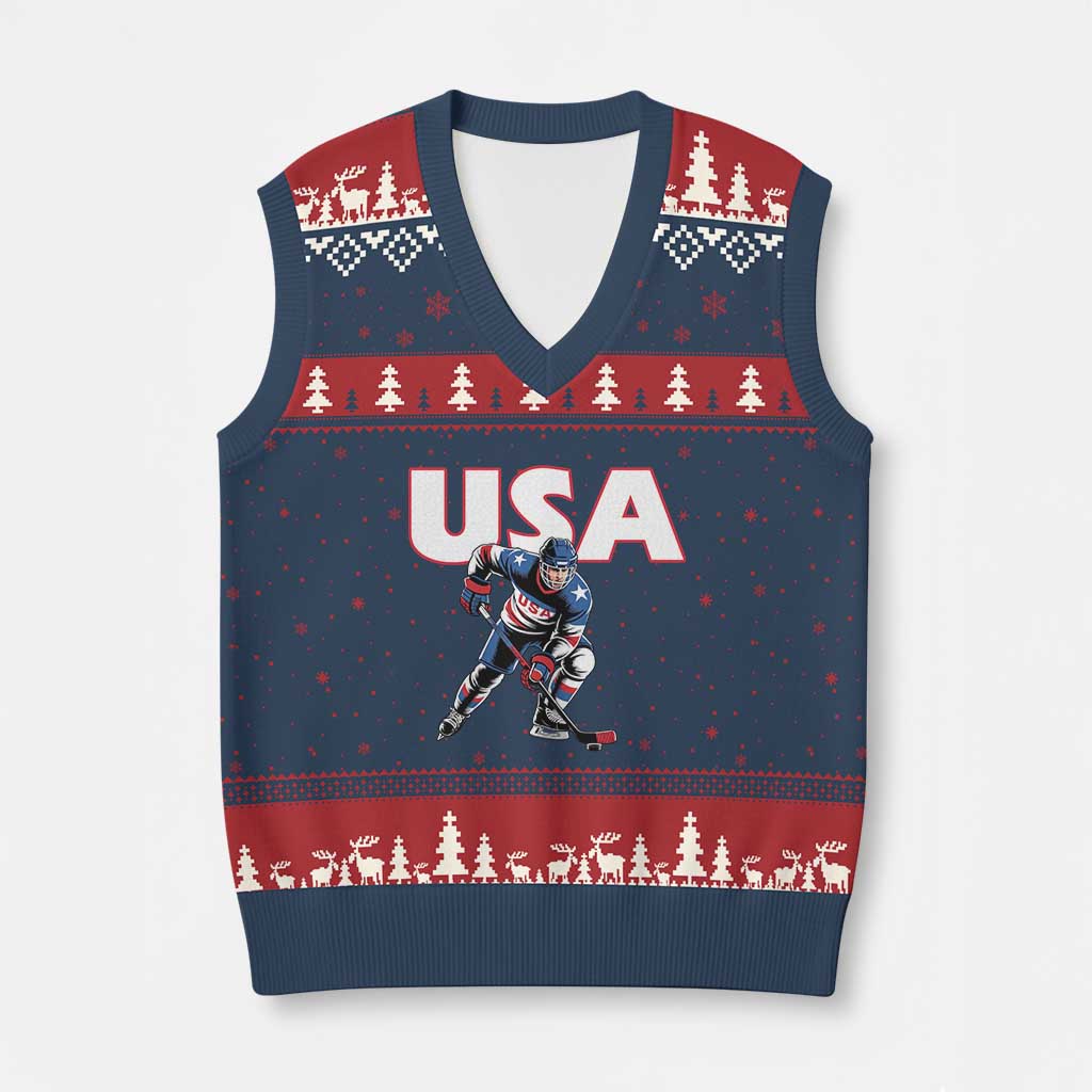USA Ice Hockey Player Patriotic Graphic V-Neck Knit Sweater Vest Red White and Blue American Sports Fan TS02 Navy Red Print Your Wear