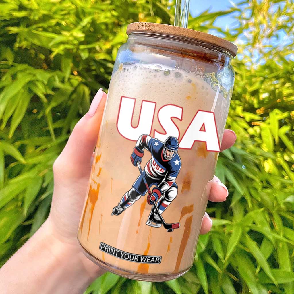 USA Ice Hockey Player Patriotic Graphic Glass Can Red White and Blue American Sports Fan TS02 Black Print Your Wear