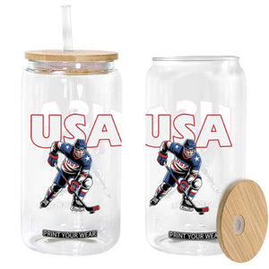 USA Ice Hockey Player Patriotic Graphic Glass Can Red White and Blue American Sports Fan TS02 Print Your Wear