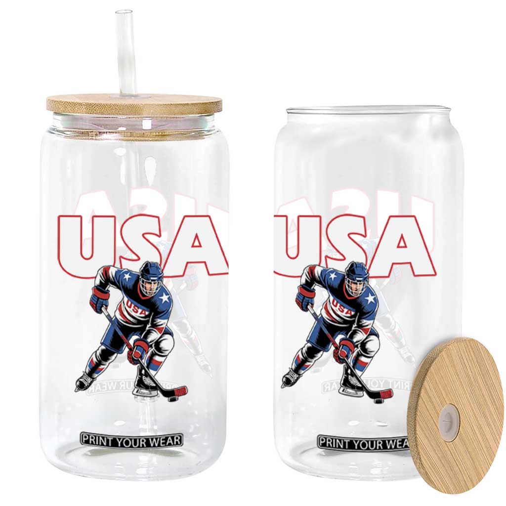 USA Ice Hockey Player Patriotic Graphic Glass Can Red White and Blue American Sports Fan TS02 Print Your Wear