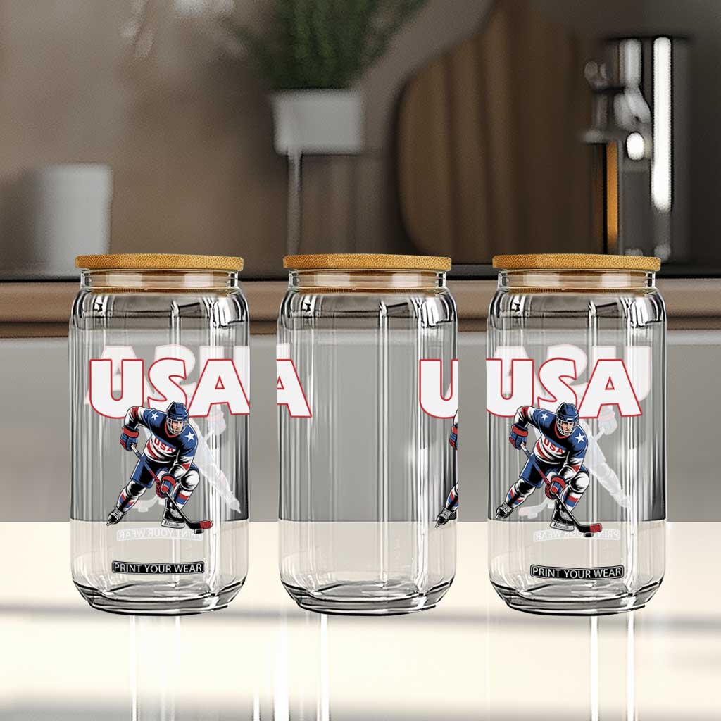 USA Ice Hockey Player Patriotic Graphic Glass Can Red White and Blue American Sports Fan TS02 Print Your Wear