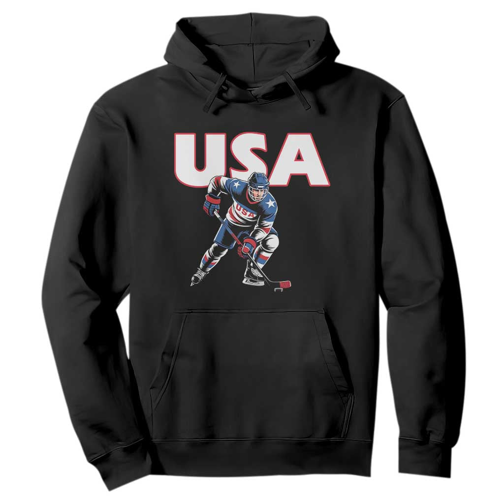 USA Ice Hockey Player Patriotic Graphic Hoodie Red White and Blue American Sports Fan TS02 Black Print Your Wear