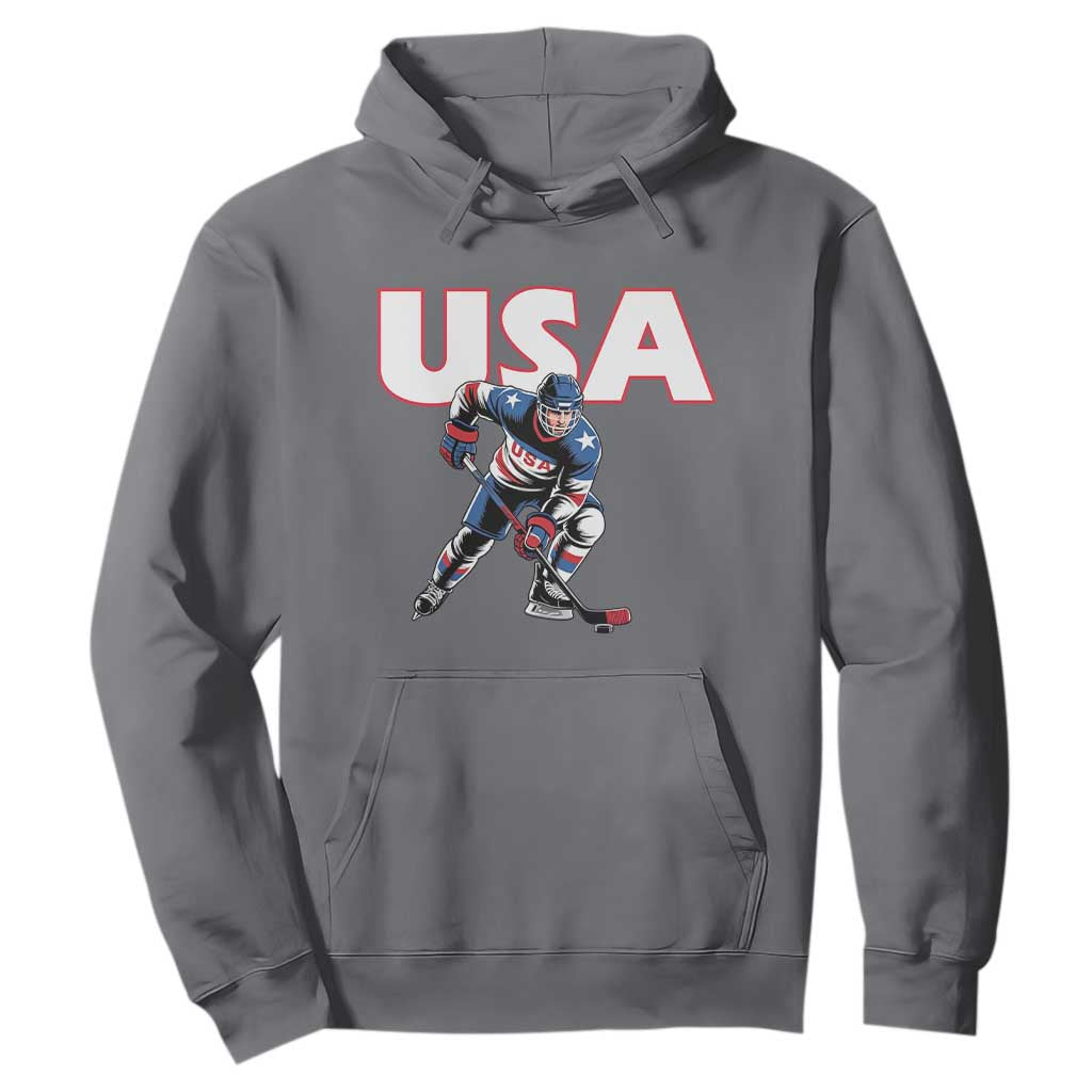 USA Ice Hockey Player Patriotic Graphic Hoodie Red White and Blue American Sports Fan TS02 Charcoal Print Your Wear