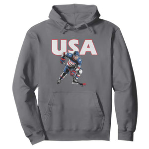 USA Ice Hockey Player Patriotic Graphic Hoodie Red White and Blue American Sports Fan TS02 Charcoal Print Your Wear