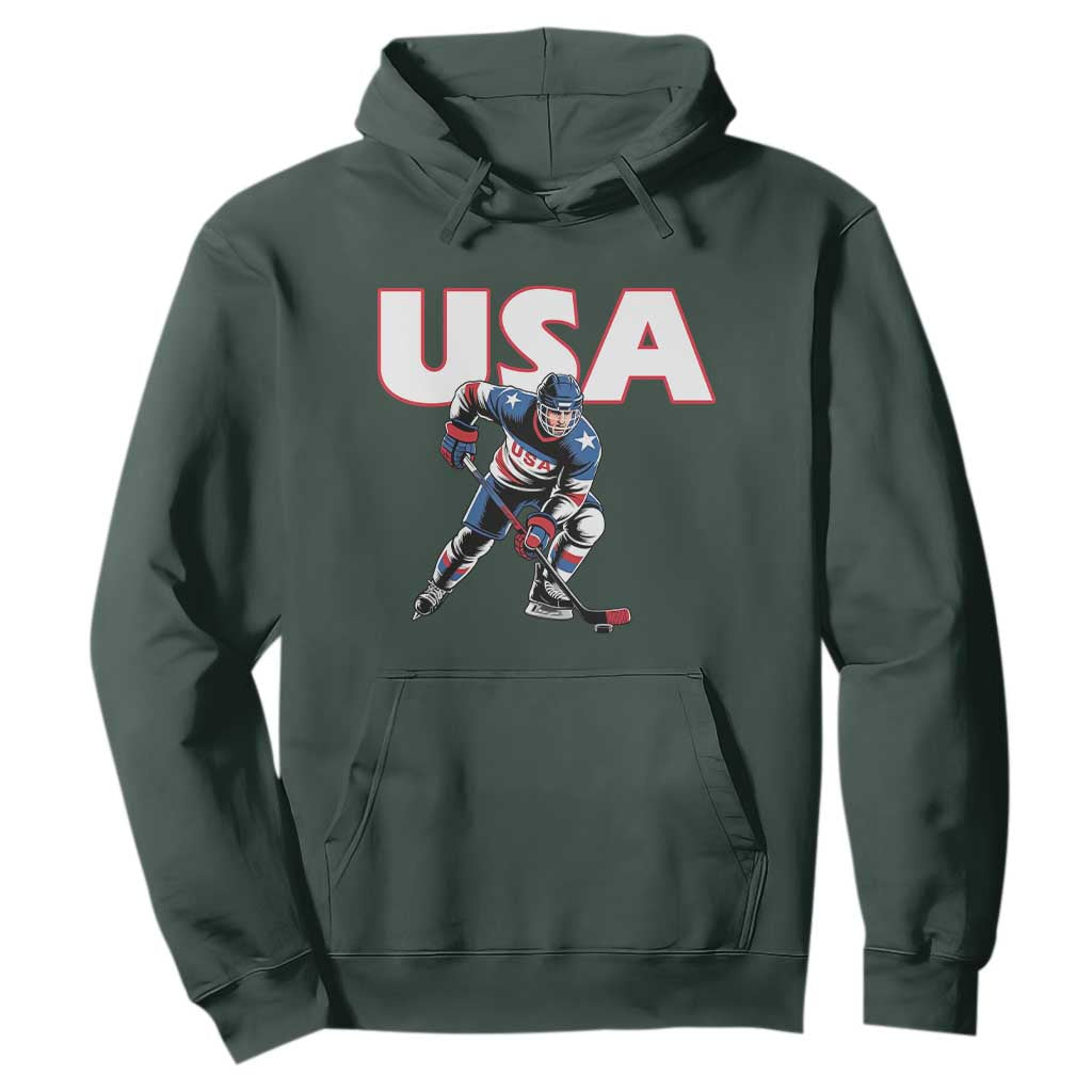 USA Ice Hockey Player Patriotic Graphic Hoodie Red White and Blue American Sports Fan TS02 Dark Forest Green Print Your Wear