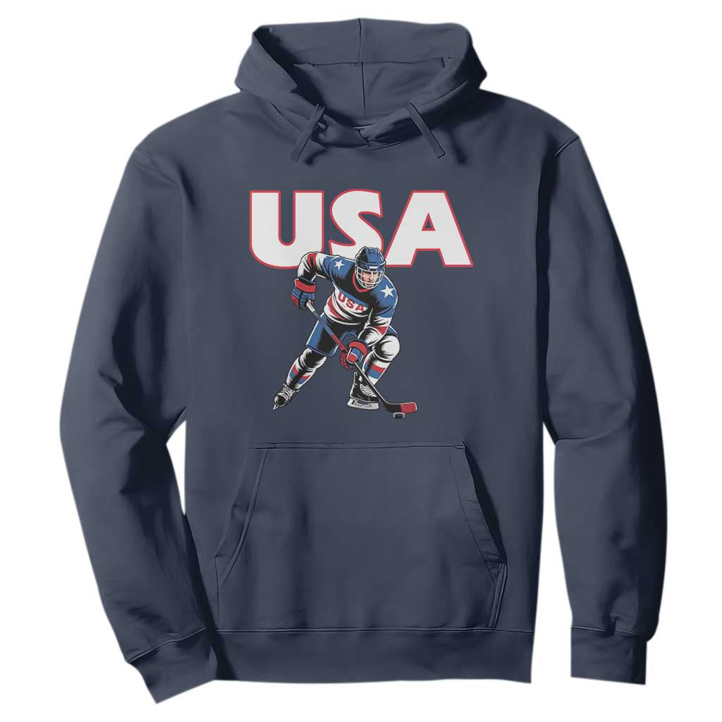 USA Ice Hockey Player Patriotic Graphic Hoodie Red White and Blue American Sports Fan TS02 Navy Print Your Wear