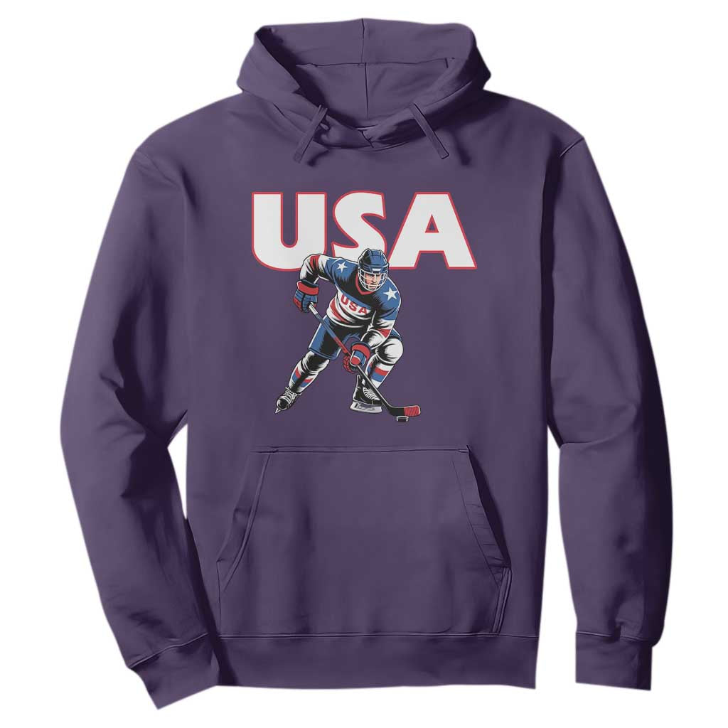 USA Ice Hockey Player Patriotic Graphic Hoodie Red White and Blue American Sports Fan TS02 Purple Print Your Wear