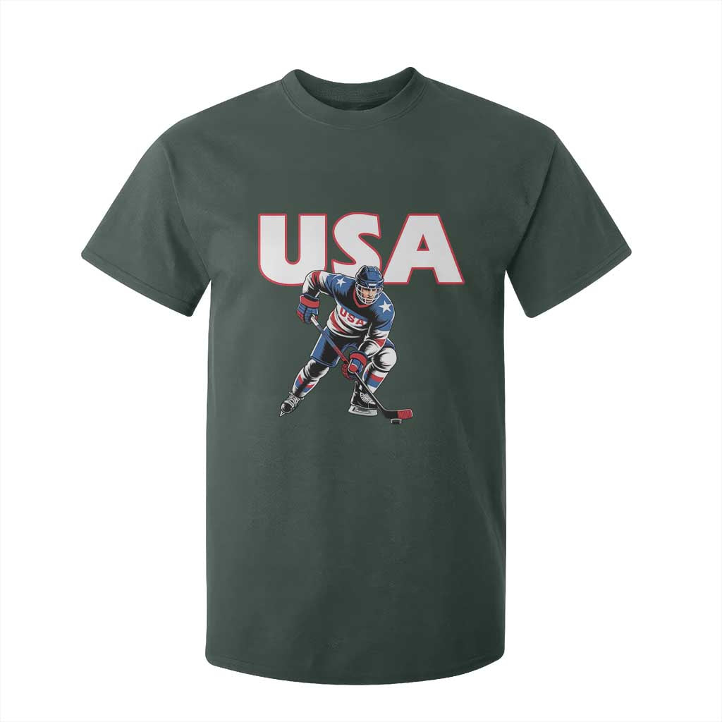 USA Ice Hockey Player Patriotic Graphic T Shirt For Kid Red White and Blue American Sports Fan TS02 Dark Forest Green Print Your Wear