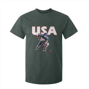 USA Ice Hockey Player Patriotic Graphic T Shirt For Kid Red White and Blue American Sports Fan TS02 Dark Forest Green Print Your Wear