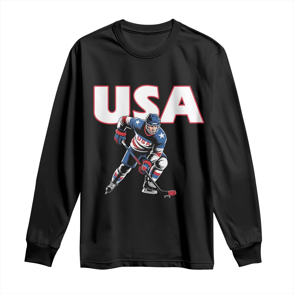 USA Ice Hockey Player Patriotic Graphic Long Sleeve Shirt Red White and Blue American Sports Fan TS02 Black Print Your Wear