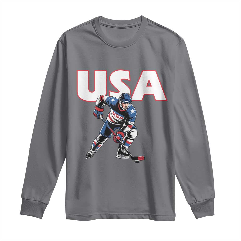 USA Ice Hockey Player Patriotic Graphic Long Sleeve Shirt Red White and Blue American Sports Fan TS02 Charcoal Print Your Wear