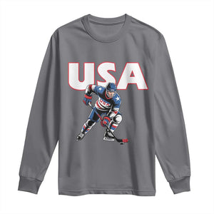 USA Ice Hockey Player Patriotic Graphic Long Sleeve Shirt Red White and Blue American Sports Fan TS02 Charcoal Print Your Wear