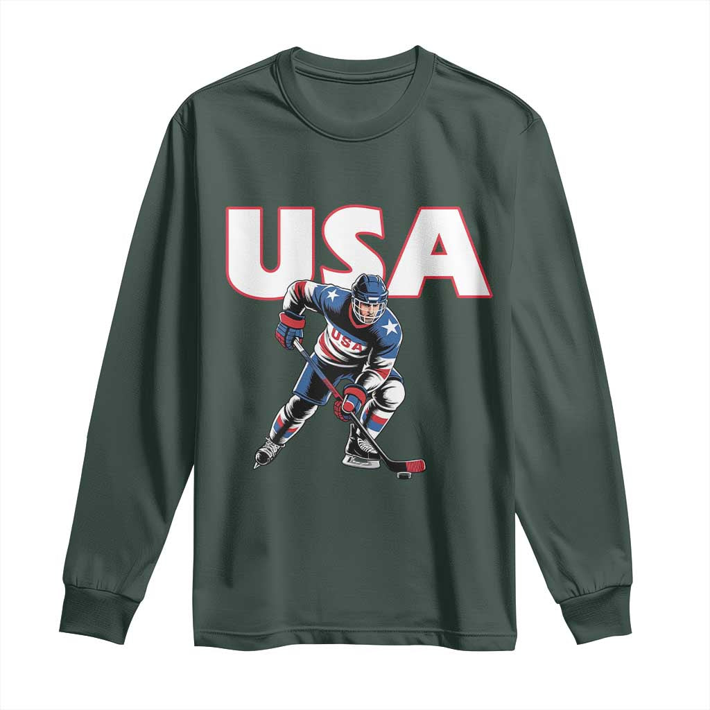 USA Ice Hockey Player Patriotic Graphic Long Sleeve Shirt Red White and Blue American Sports Fan TS02 Dark Forest Green Print Your Wear