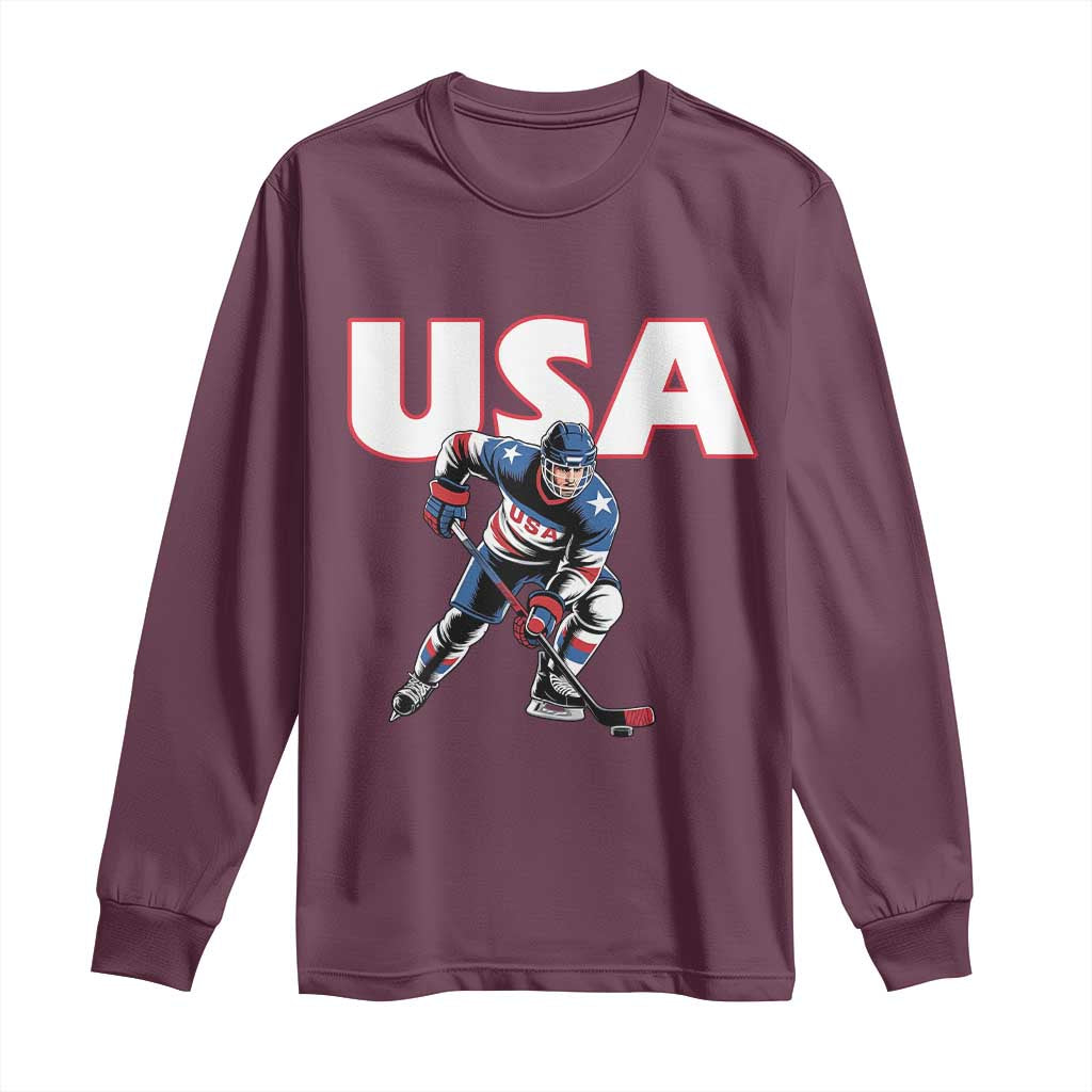 USA Ice Hockey Player Patriotic Graphic Long Sleeve Shirt Red White and Blue American Sports Fan TS02 Maroon Print Your Wear