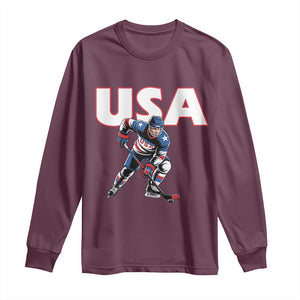 USA Ice Hockey Player Patriotic Graphic Long Sleeve Shirt Red White and Blue American Sports Fan TS02 Maroon Print Your Wear