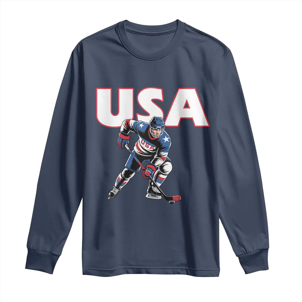USA Ice Hockey Player Patriotic Graphic Long Sleeve Shirt Red White and Blue American Sports Fan TS02 Navy Print Your Wear