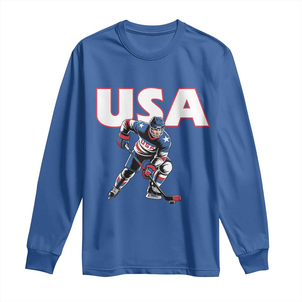 USA Ice Hockey Player Patriotic Graphic Long Sleeve Shirt Red White and Blue American Sports Fan TS02 Royal Blue Print Your Wear
