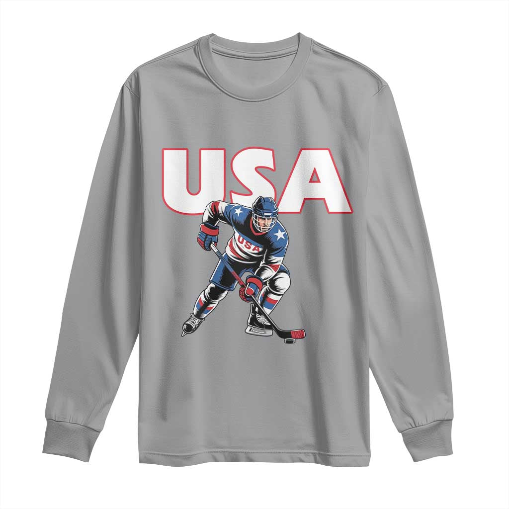 USA Ice Hockey Player Patriotic Graphic Long Sleeve Shirt Red White and Blue American Sports Fan TS02 Sport Gray Print Your Wear