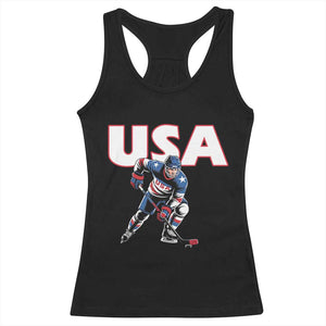 USA Ice Hockey Player Patriotic Graphic Racerback Tank Top Red White and Blue American Sports Fan TS02 Black Print Your Wear