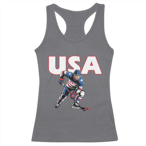 USA Ice Hockey Player Patriotic Graphic Racerback Tank Top Red White and Blue American Sports Fan TS02 Charcoal Print Your Wear
