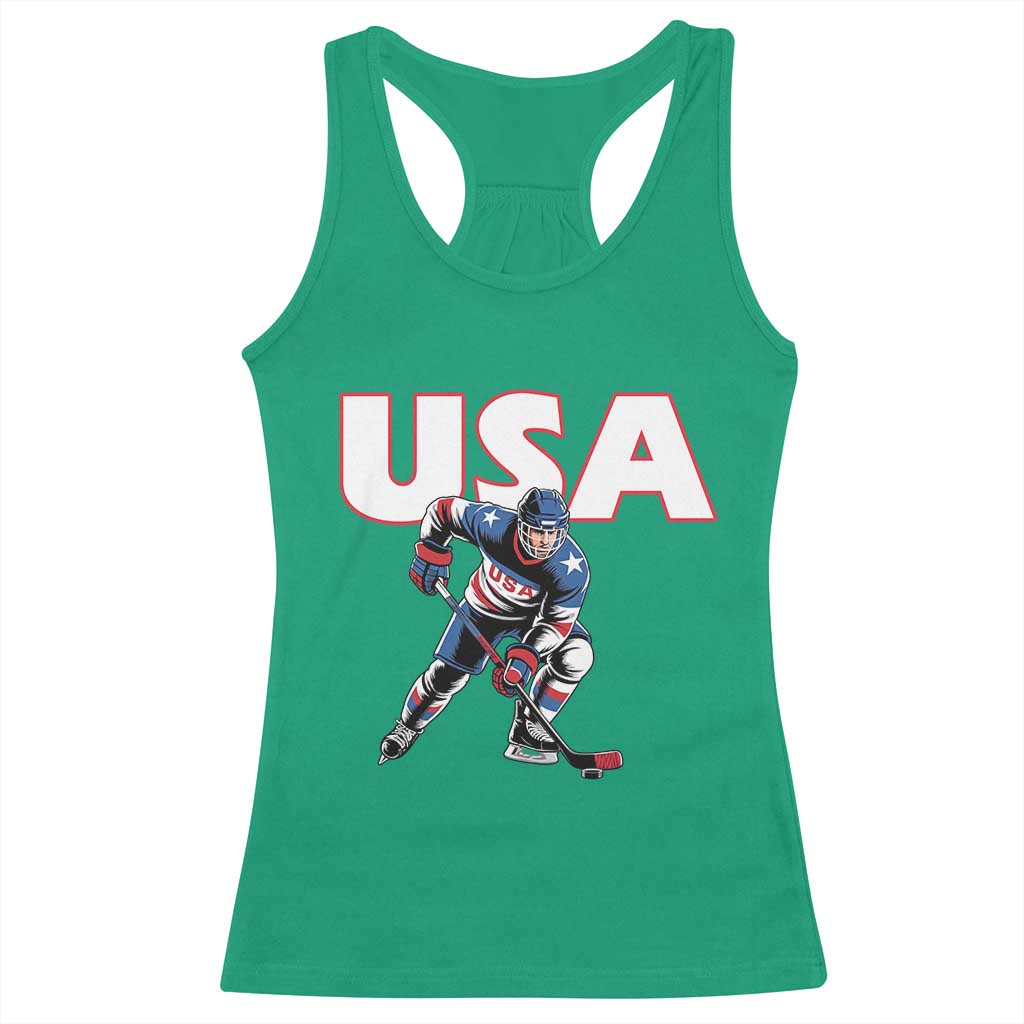 USA Ice Hockey Player Patriotic Graphic Racerback Tank Top Red White and Blue American Sports Fan TS02 Irish Green Print Your Wear