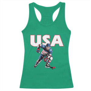 USA Ice Hockey Player Patriotic Graphic Racerback Tank Top Red White and Blue American Sports Fan TS02 Irish Green Print Your Wear