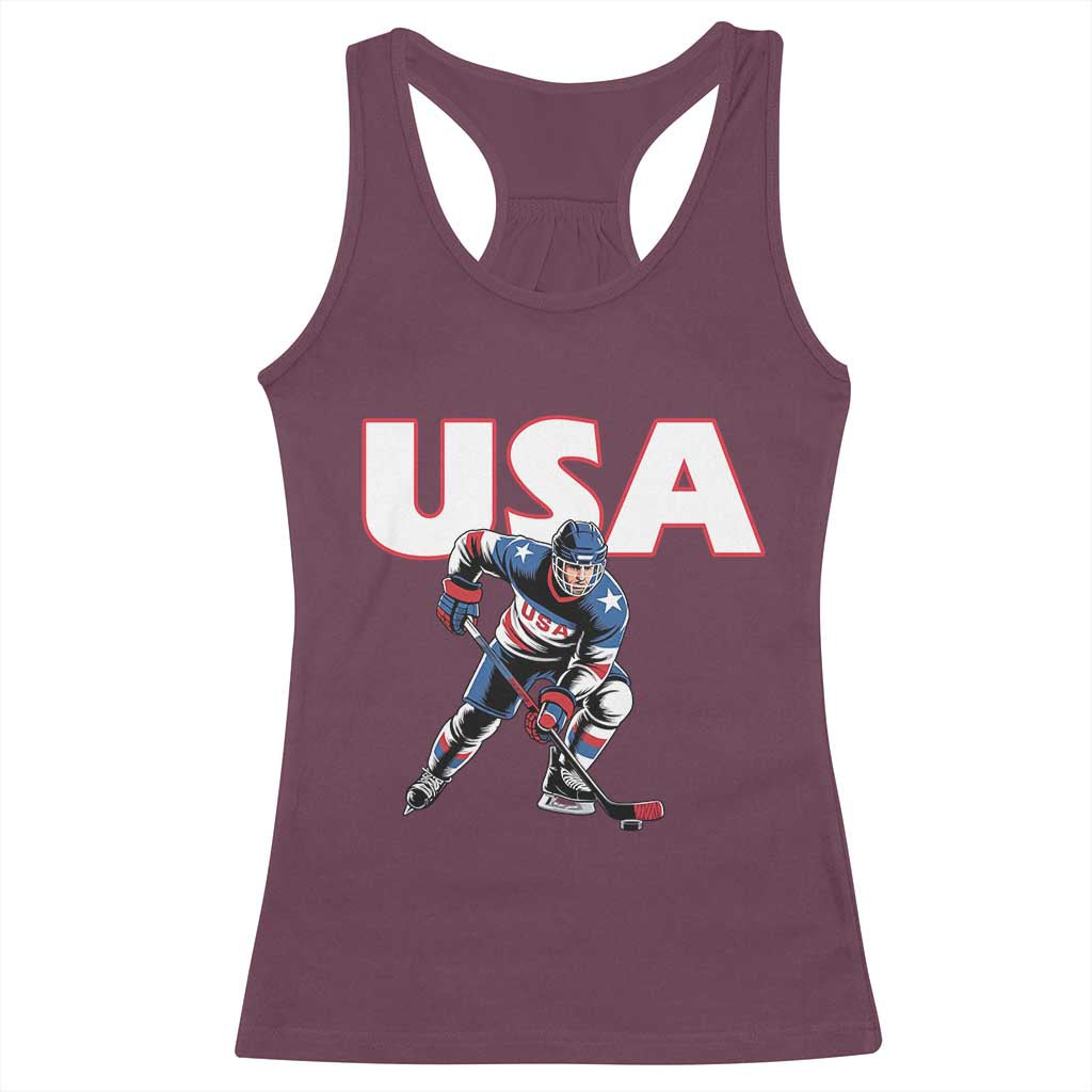 USA Ice Hockey Player Patriotic Graphic Racerback Tank Top Red White and Blue American Sports Fan TS02 Maroon Print Your Wear