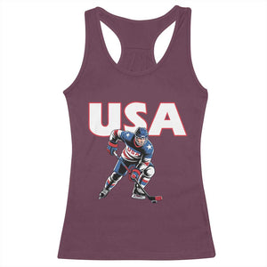 USA Ice Hockey Player Patriotic Graphic Racerback Tank Top Red White and Blue American Sports Fan TS02 Maroon Print Your Wear