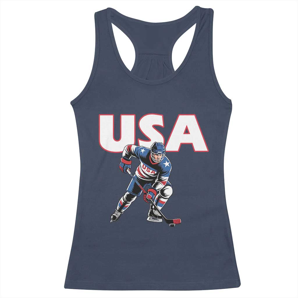 USA Ice Hockey Player Patriotic Graphic Racerback Tank Top Red White and Blue American Sports Fan TS02 Navy Print Your Wear