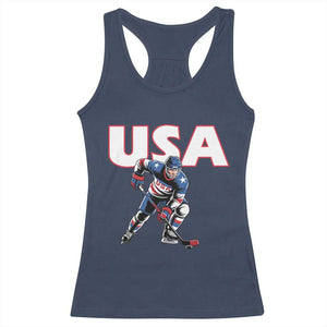 USA Ice Hockey Player Patriotic Graphic Racerback Tank Top Red White and Blue American Sports Fan TS02 Navy Print Your Wear