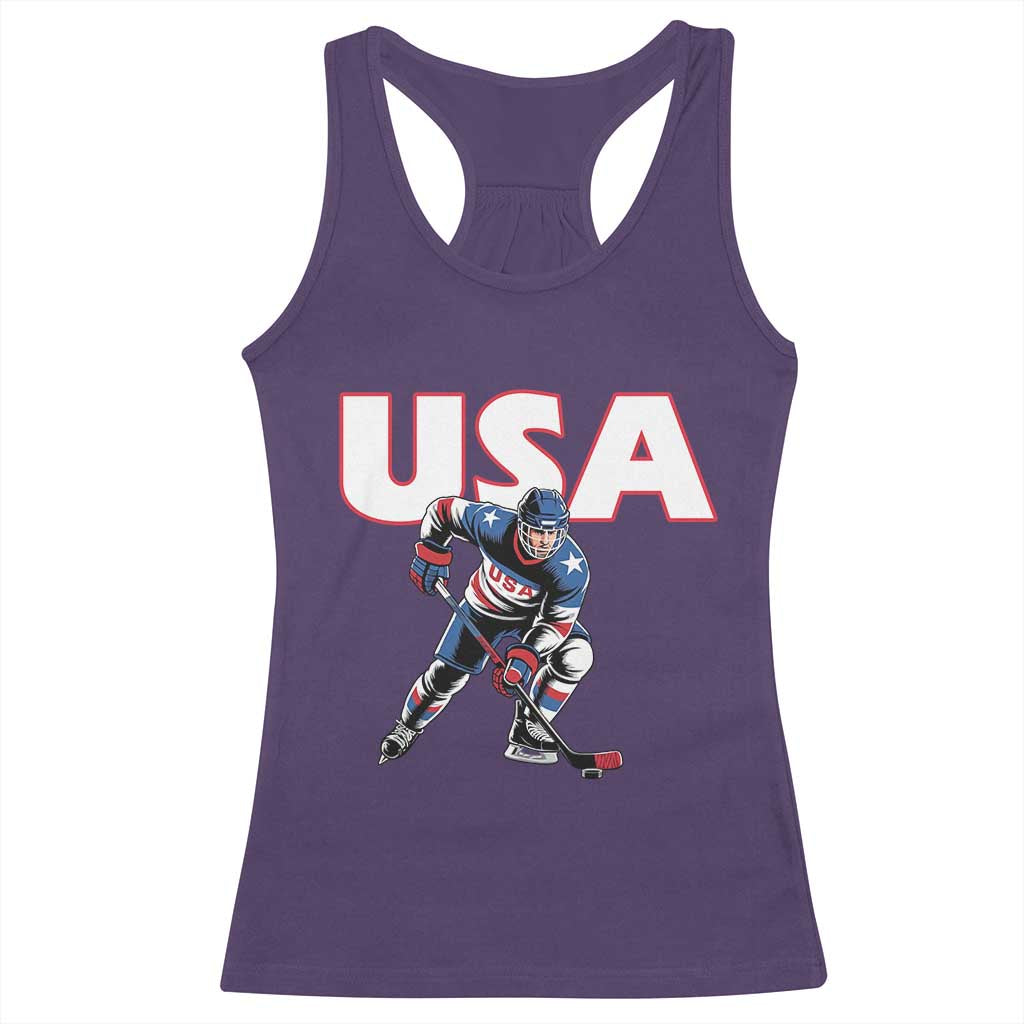 USA Ice Hockey Player Patriotic Graphic Racerback Tank Top Red White and Blue American Sports Fan TS02 Purple Print Your Wear