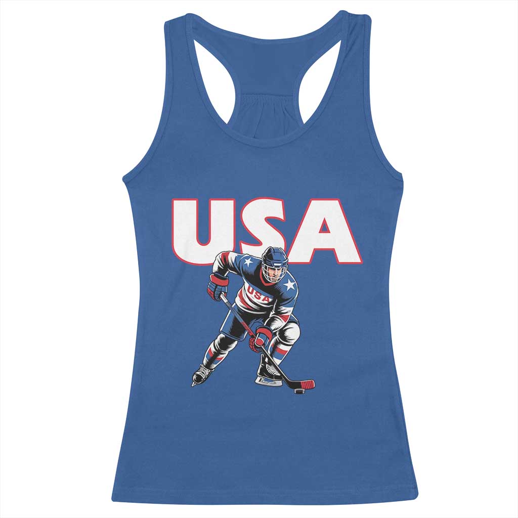 USA Ice Hockey Player Patriotic Graphic Racerback Tank Top Red White and Blue American Sports Fan TS02 Royal Blue Print Your Wear
