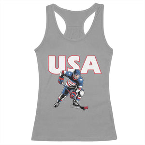 USA Ice Hockey Player Patriotic Graphic Racerback Tank Top Red White and Blue American Sports Fan TS02 Sport Gray Print Your Wear
