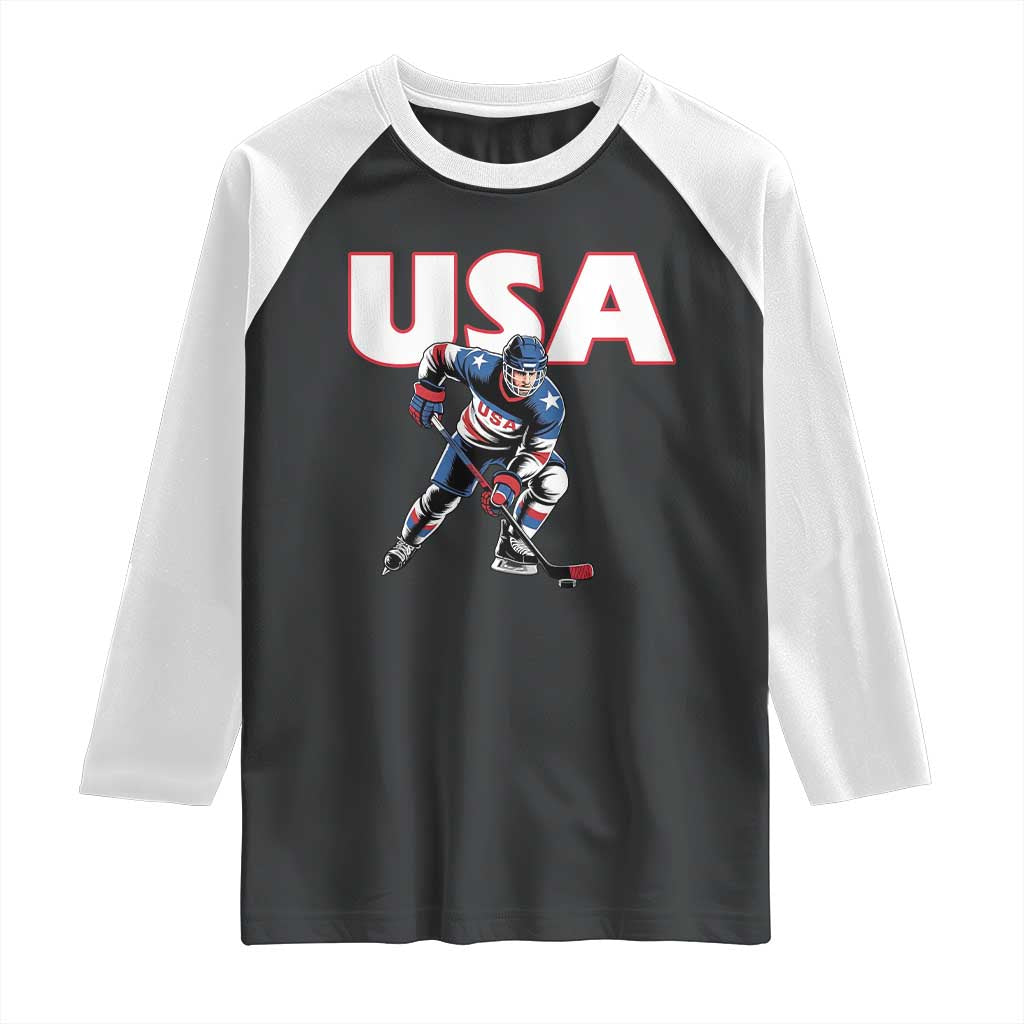 USA Ice Hockey Player Patriotic Graphic Raglan Shirt Red White and Blue American Sports Fan TS02 Black White Print Your Wear