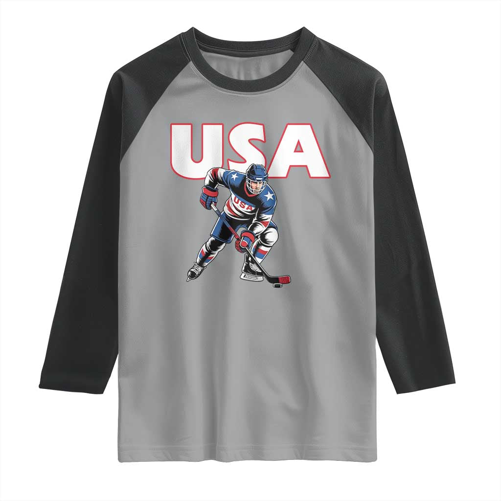 USA Ice Hockey Player Patriotic Graphic Raglan Shirt Red White and Blue American Sports Fan TS02 Sport Gray Black Print Your Wear