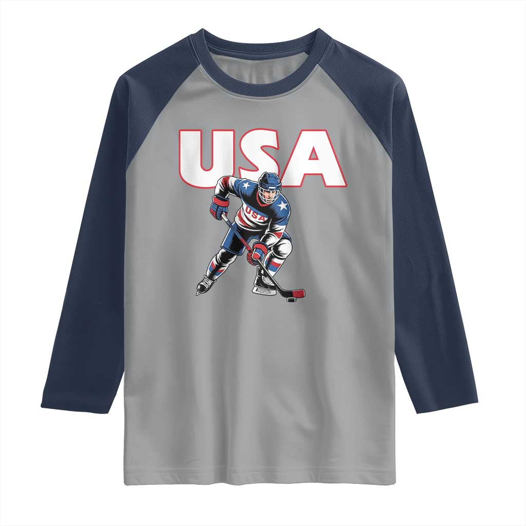 USA Ice Hockey Player Patriotic Graphic Raglan Shirt Red White and Blue American Sports Fan TS02 Sport Gray Navy Print Your Wear