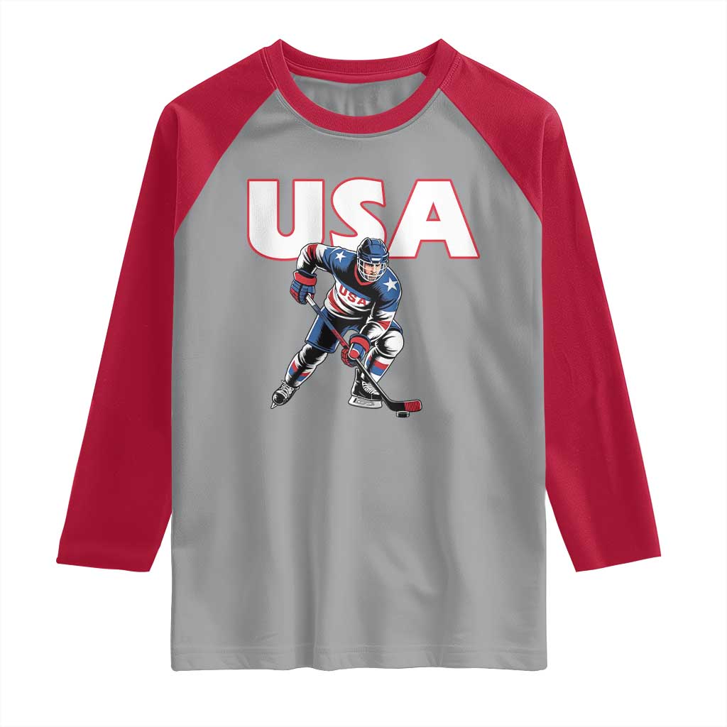 USA Ice Hockey Player Patriotic Graphic Raglan Shirt Red White and Blue American Sports Fan TS02 Sport Gray Red Print Your Wear