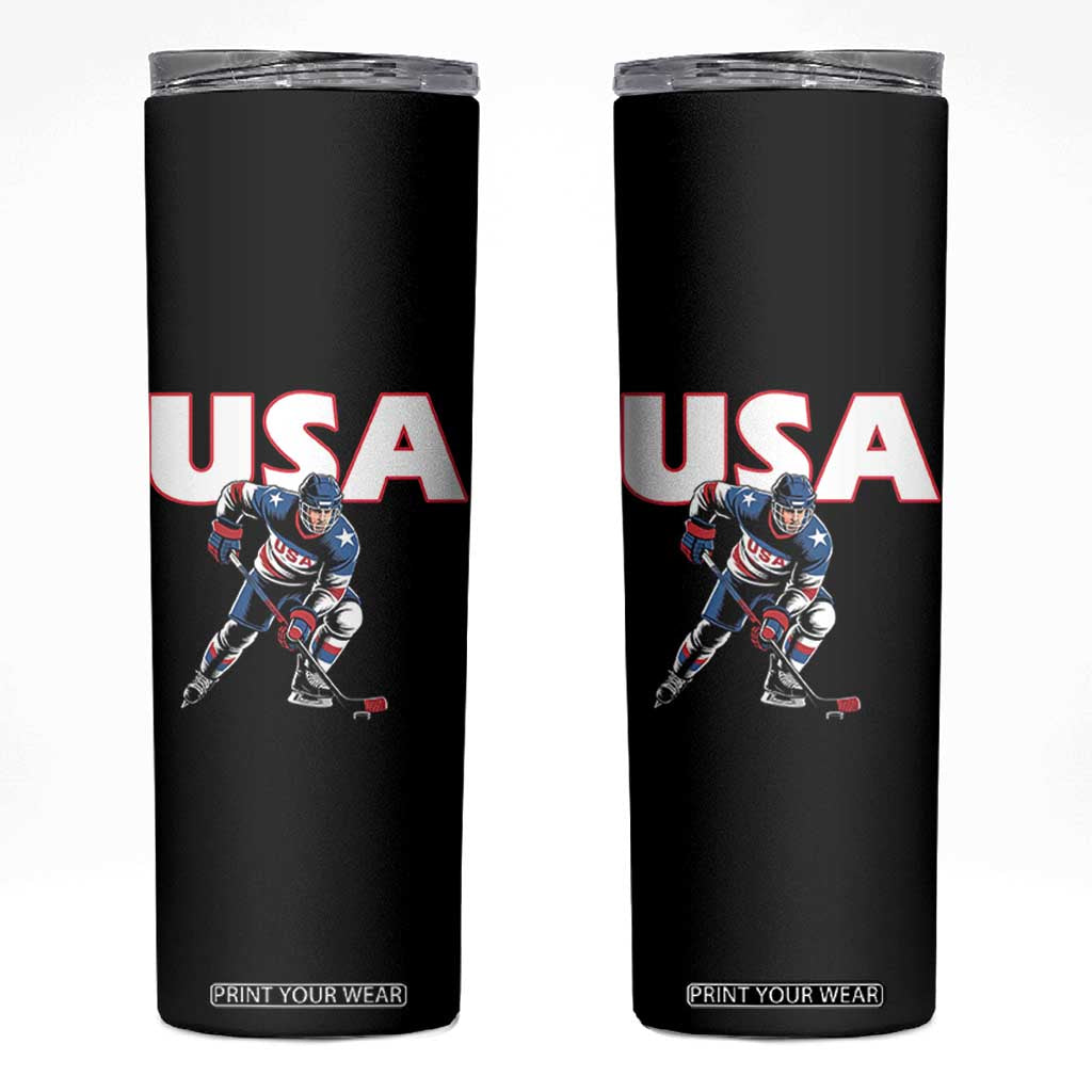 USA Ice Hockey Player Patriotic Graphic Skinny Tumbler Red White and Blue American Sports Fan TS02 Black Print Your Wear
