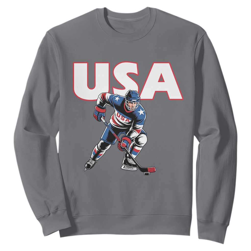 USA Ice Hockey Player Patriotic Graphic Sweatshirt Red White and Blue American Sports Fan TS02 Charcoal Print Your Wear
