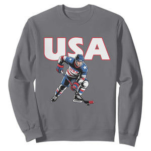 USA Ice Hockey Player Patriotic Graphic Sweatshirt Red White and Blue American Sports Fan TS02 Charcoal Print Your Wear