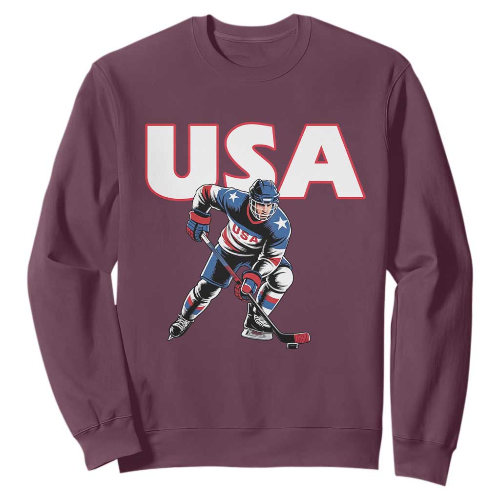 USA Ice Hockey Player Patriotic Graphic Sweatshirt Red White and Blue American Sports Fan TS02 Maroon Print Your Wear